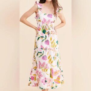 Banjanan Harriet Floral Midi Dress Womens L Soft Pink Jungle Tropical Revolve